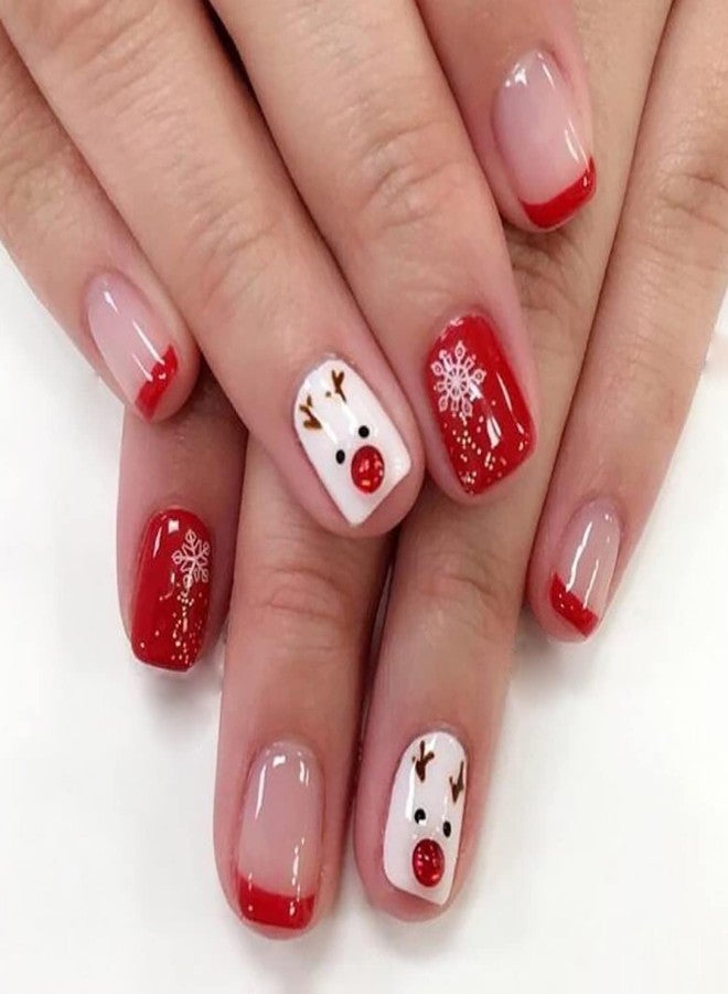 OCOUYVD Christmas Short Square Fake Acrylic Nails with Red French Tip, Snowflake Designs, and Winter Xmas Nail Art for Women and Girls - Image 1
