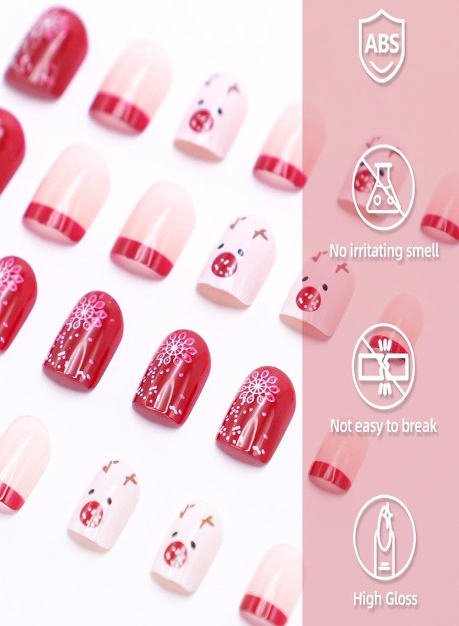 OCOUYVD Christmas Short Square Fake Acrylic Nails with Red French Tip, Snowflake Designs, and Winter Xmas Nail Art for Women and Girls - Image 3