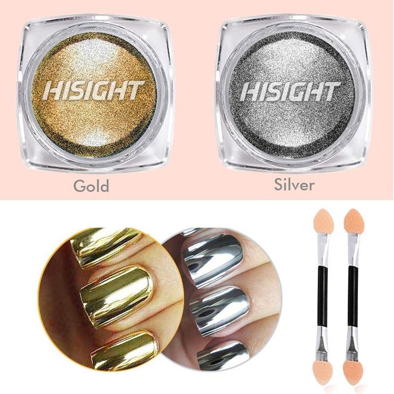 Hisight Metallic Chrome Powder Hisight 2 pcs Nail Art Mirror Glitter Chrome Pigment Powder Dust Nail Sequins Gold Silver Color Nail Art Tools with Sponge Stick Ã—2 (Silver Gold) - Image 2