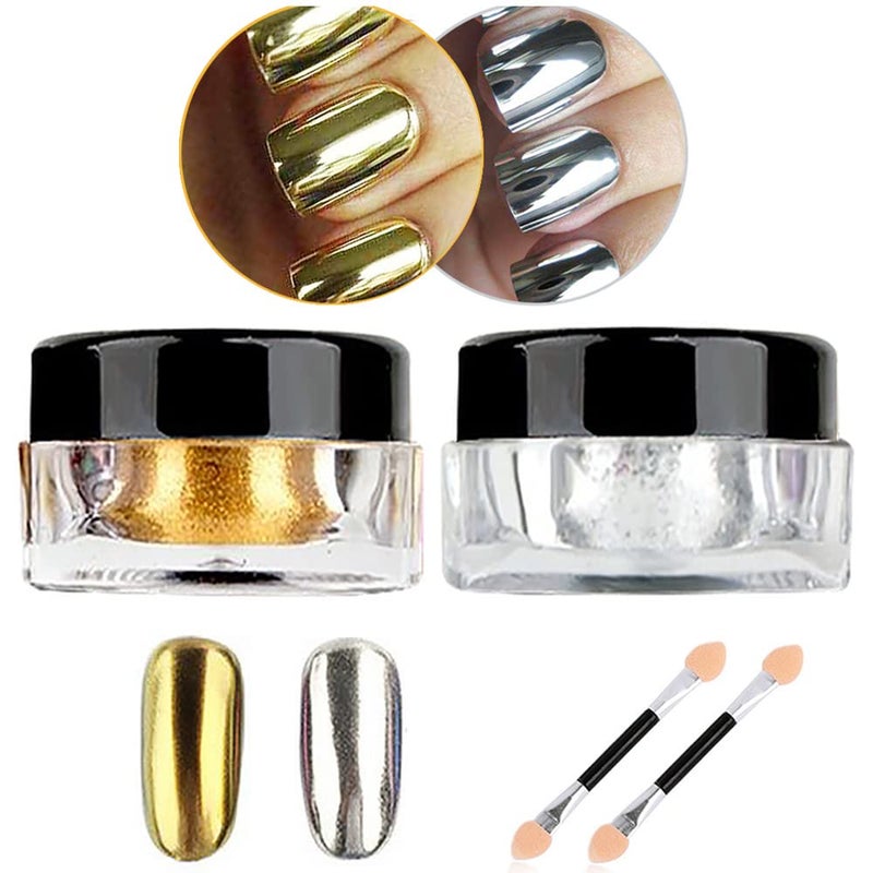Hisight Metallic Chrome Powder Hisight 2 pcs Nail Art Mirror Glitter Chrome Pigment Powder Dust Nail Sequins Gold Silver Color Nail Art Tools with Sponge Stick Ã—2 (Silver Gold) - Image 1