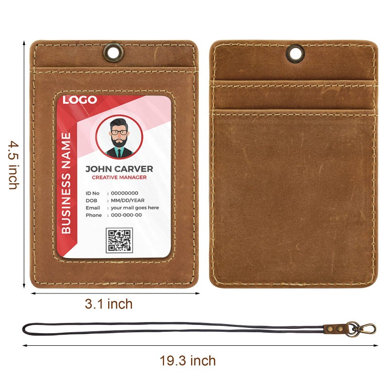 Boshiho Vertical Style Cowhide Leather ID Card Badge Holder with Heavy Duty Lanyard (Crazy Horse Leather) - Image 4