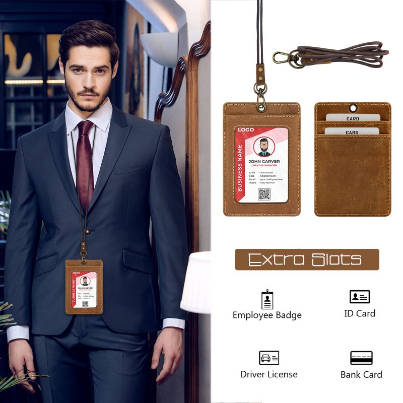 Boshiho Vertical Style Cowhide Leather ID Card Badge Holder with Heavy Duty Lanyard (Crazy Horse Leather) - Image 3