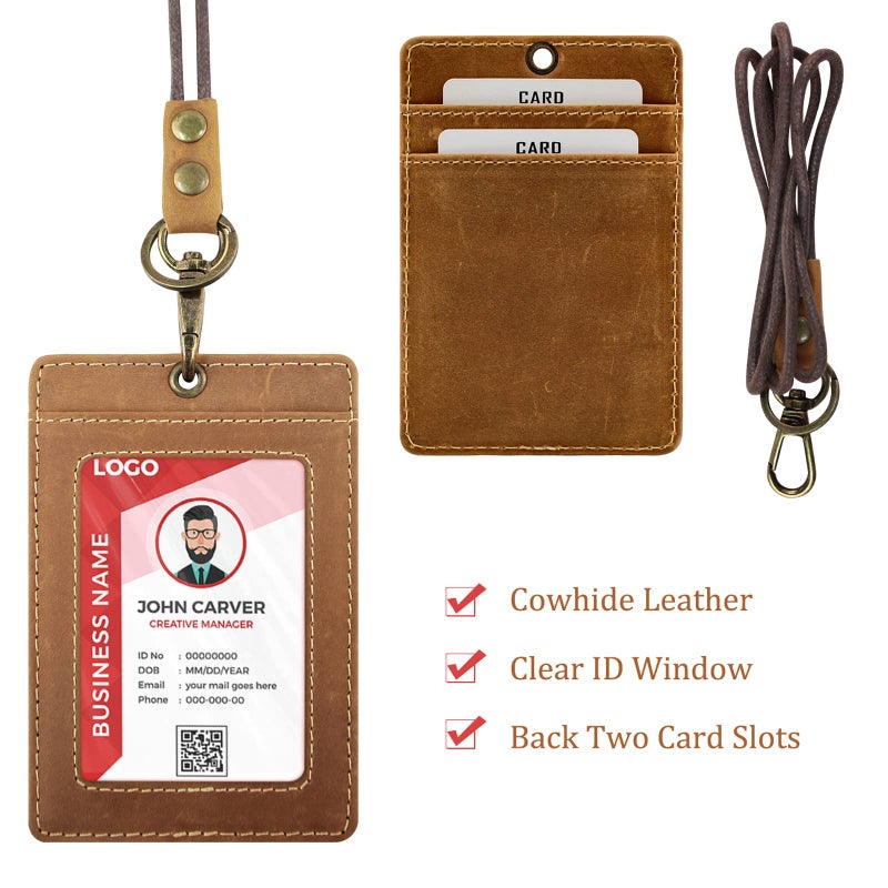 Boshiho Vertical Style Cowhide Leather ID Card Badge Holder with Heavy Duty Lanyard (Crazy Horse Leather) - Image 5