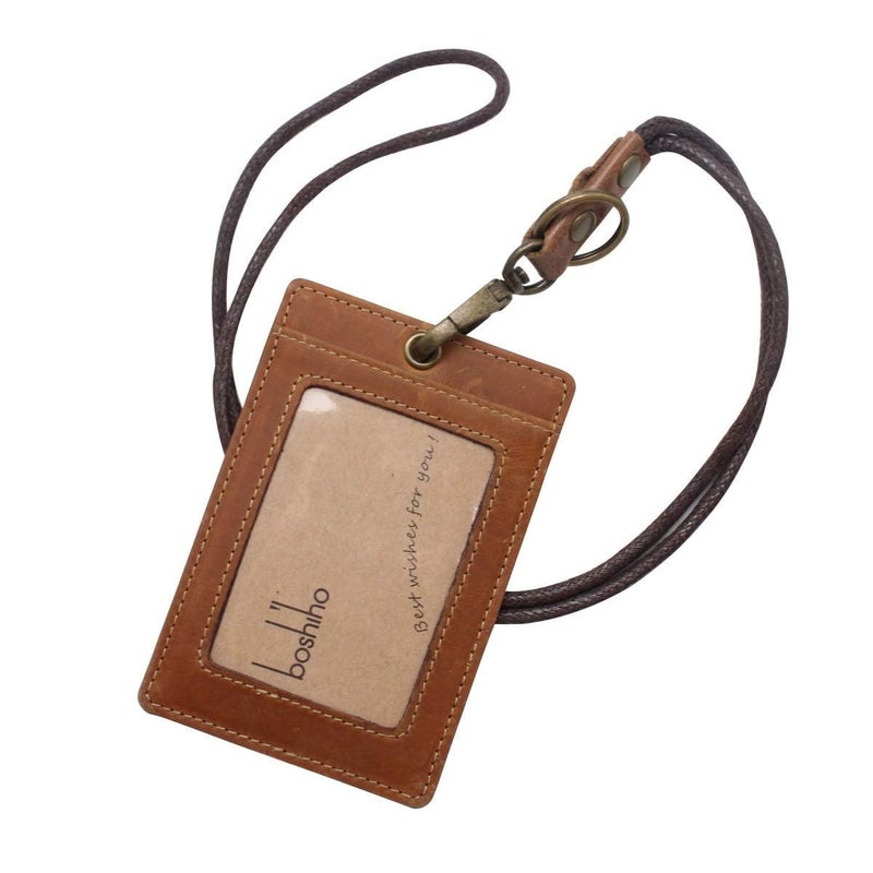 Boshiho Vertical Style Cowhide Leather ID Card Badge Holder with Heavy Duty Lanyard (Crazy Horse Leather) - Image 1