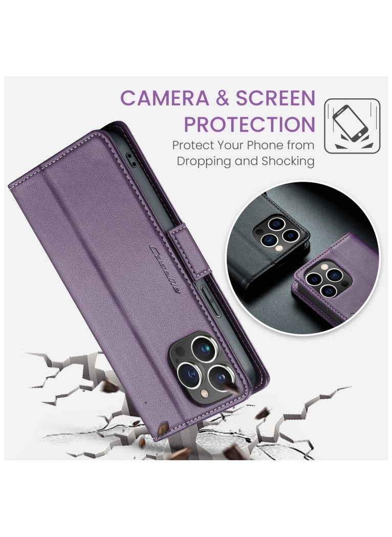 CaseMe - Flip Wallet Case For iPhone 13 Pro [RFID Blocking] PU Leather Wallet Flip Folio Case with Card Holder Kickstand Shockproof Phone Cover (Purple) - Image 1