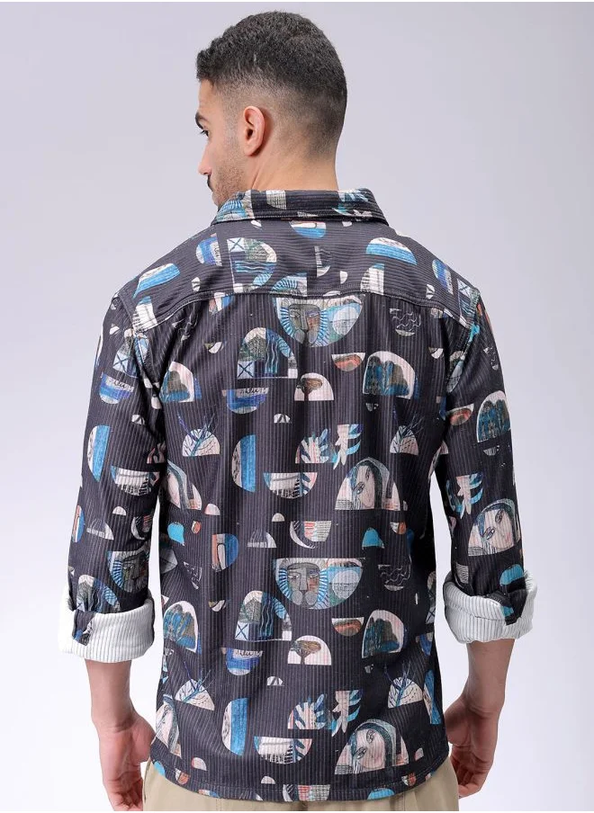 شركة المرآب الهندية Men Regular Fit Abstract Printed Full Sleeves Cutaway Collar Double Flap Pocket Street Wear Over Shirt