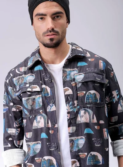 The Indian Garage Co Men Regular Fit Abstract Printed Full Sleeves Cutaway Collar Double Flap Pocket Street Wear Over Shirt