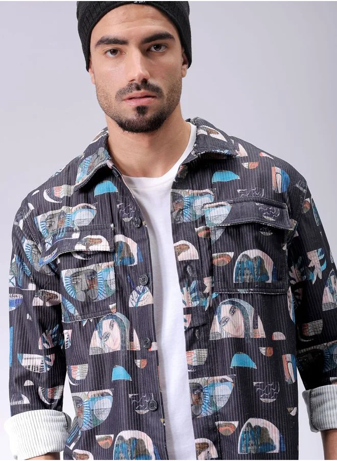 شركة المرآب الهندية Men Regular Fit Abstract Printed Full Sleeves Cutaway Collar Double Flap Pocket Street Wear Over Shirt