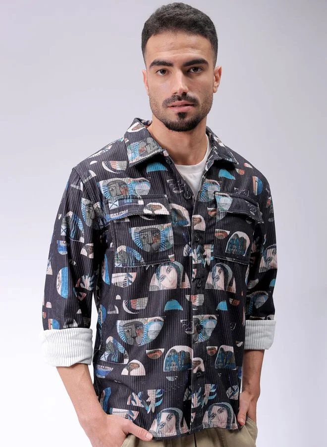 The Indian Garage Co Men Regular Fit Abstract Printed Full Sleeves Cutaway Collar Double Flap Pocket Street Wear Over Shirt