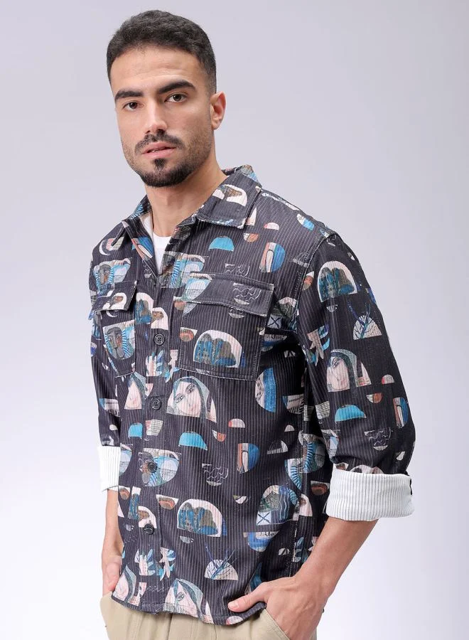 The Indian Garage Co Men Regular Fit Abstract Printed Full Sleeves Cutaway Collar Double Flap Pocket Street Wear Over Shirt