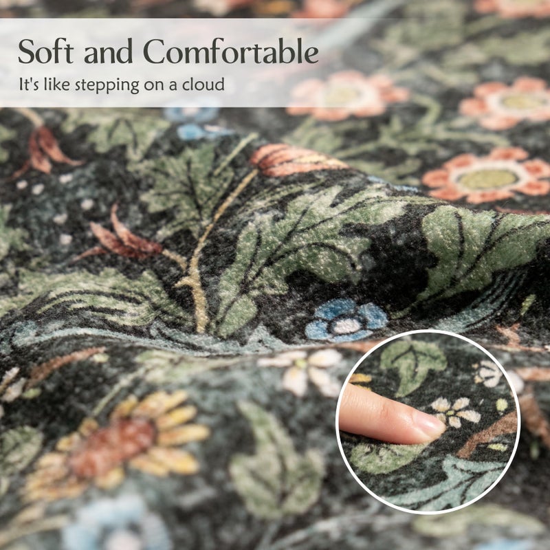 MUJOO 3x5 Rug Washable,Floral Area Rug for Bedroom Office Entryway Living Room Bedside,Small Throw Carpet Boho Non Slip Indoor Floor Botanical Vintage Ultra-Thin Black and Green - Image 5
