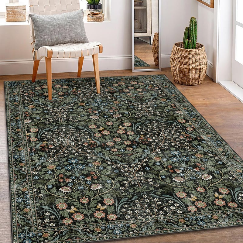 MUJOO 3x5 Rug Washable,Floral Area Rug for Bedroom Office Entryway Living Room Bedside,Small Throw Carpet Boho Non Slip Indoor Floor Botanical Vintage Ultra-Thin Black and Green - Image 1
