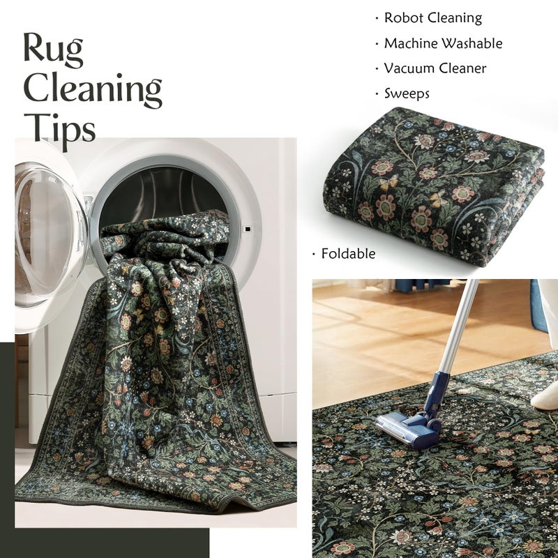 MUJOO 3x5 Rug Washable,Floral Area Rug for Bedroom Office Entryway Living Room Bedside,Small Throw Carpet Boho Non Slip Indoor Floor Botanical Vintage Ultra-Thin Black and Green - Image 4
