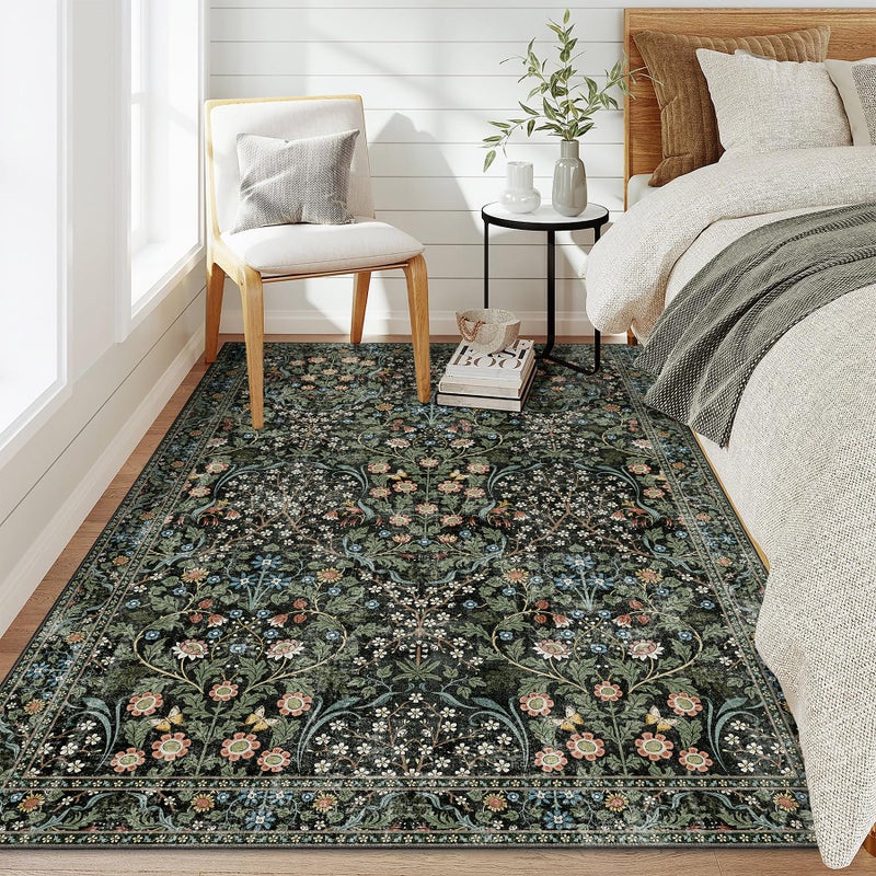 MUJOO 3x5 Rug Washable,Floral Area Rug for Bedroom Office Entryway Living Room Bedside,Small Throw Carpet Boho Non Slip Indoor Floor Botanical Vintage Ultra-Thin Black and Green - Image 2