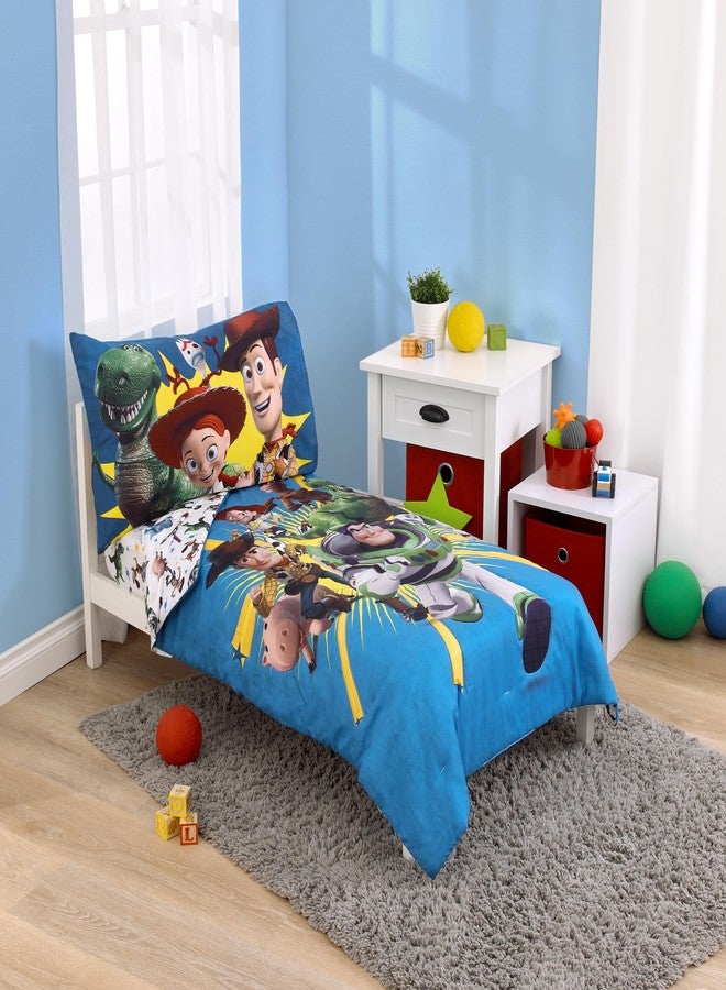 NoJo Disney Toy Story Taking Action Blue, Green and Yellow 4 Piece Toddler Bed Set - Comforter, Fitted Bottom Sheet, Flat Top Sheet, and Reversible Pillowcase - Image 1