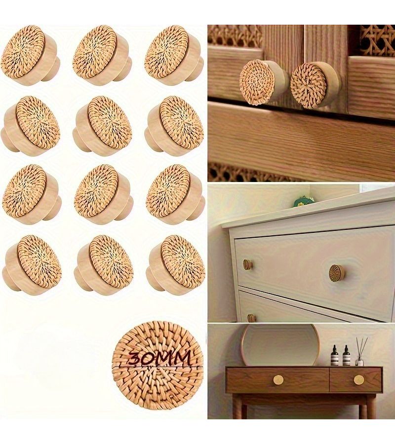 2 مقابض سحب خشبية مستديرة من الخوصrattan – مقابض أدراج بسيطة - Image 1