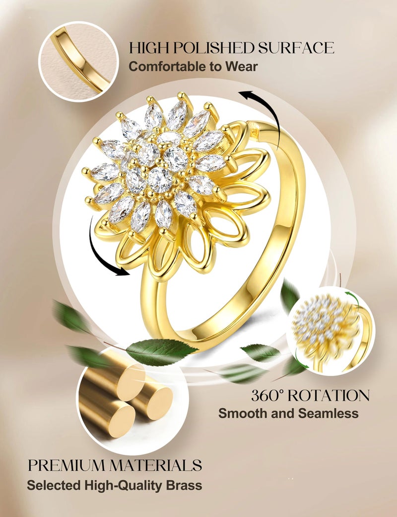 MILACOLATO 14K Gold Plated Fidget Ring for Women Adjustable Anxiety Rings Open CZ Butterfly Sunflower Bead Spinner Rings for Anxiety Stress Relief G - Image 4