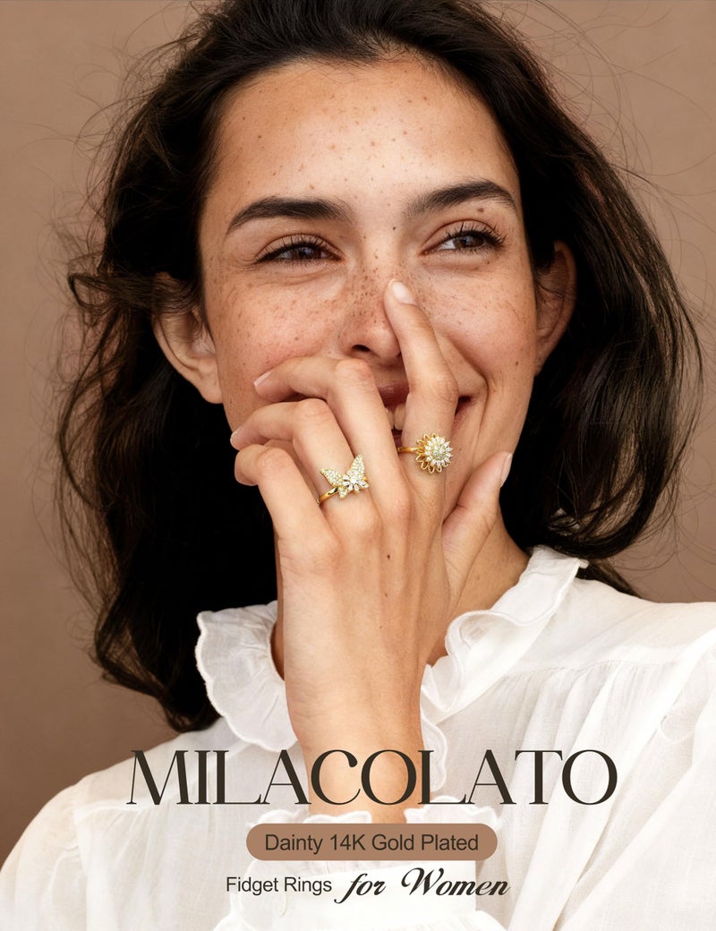 MILACOLATO 14K Gold Plated Fidget Ring for Women Adjustable Anxiety Rings Open CZ Butterfly Sunflower Bead Spinner Rings for Anxiety Stress Relief G - Image 2