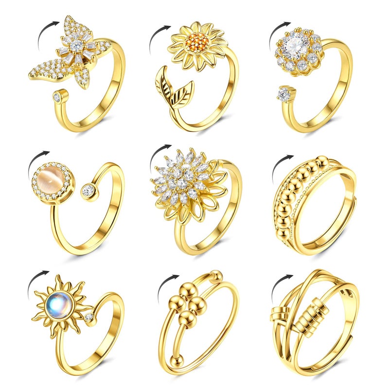MILACOLATO 14K Gold Plated Fidget Ring for Women Adjustable Anxiety Rings Open CZ Butterfly Sunflower Bead Spinner Rings for Anxiety Stress Relief G - Image 1