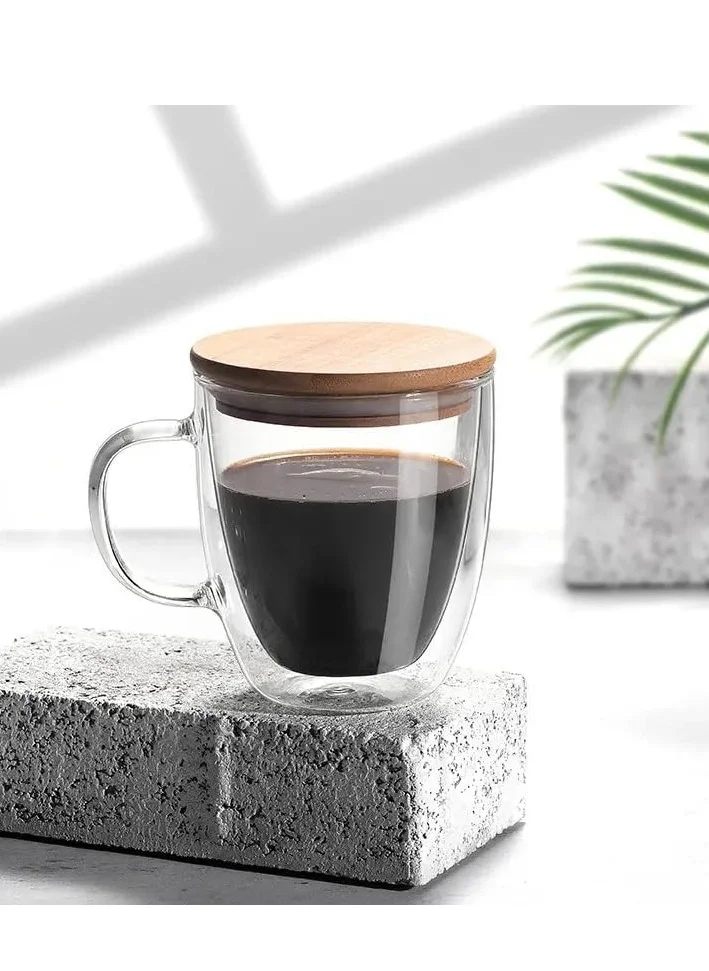 1Chase Double Walled Glass Coffee Cups with Handle and with Bamboo Lid, Insulated Coffee Mugs Perfect for Cappuccino, Macchiato, Latte, Tea, Juice, Iced & Hot Pack Of 2 (250Ml)