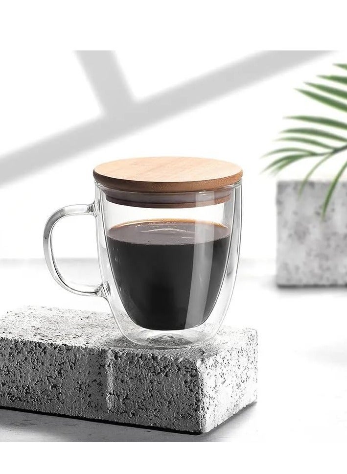 1Chase Double Walled Glass Coffee Cups with Handle and with Bamboo Lid, Insulated Coffee Mugs Perfect for Cappuccino, Macchiato, Latte, Tea, Juice, Iced & Hot Pack Of 2 (250Ml)  - Image 4