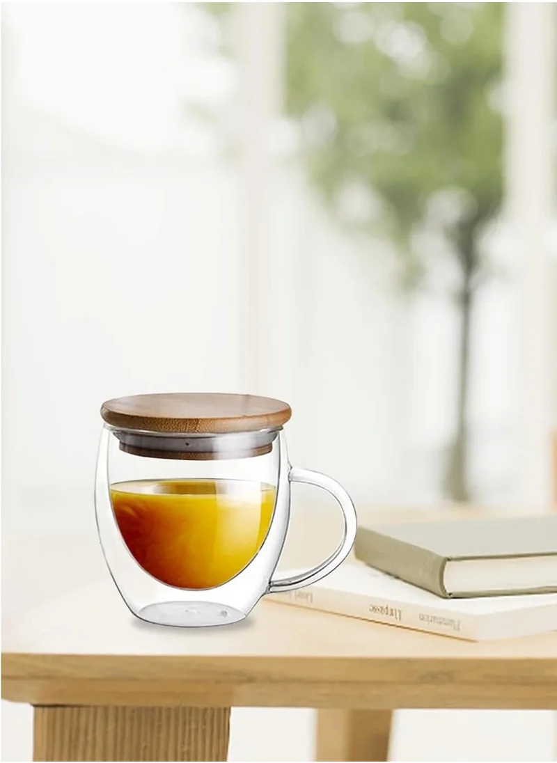 1Chase Double Walled Glass Coffee Cups with Handle and with Bamboo Lid, Insulated Coffee Mugs Perfect for Cappuccino, Macchiato, Latte, Tea, Juice, Iced & Hot Pack Of 2 (250Ml)