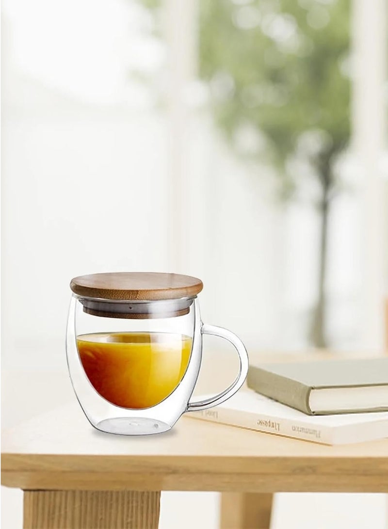 1Chase Double Walled Glass Coffee Cups with Handle and with Bamboo Lid, Insulated Coffee Mugs Perfect for Cappuccino, Macchiato, Latte, Tea, Juice, Iced & Hot Pack Of 2 (250Ml)  - Image 5