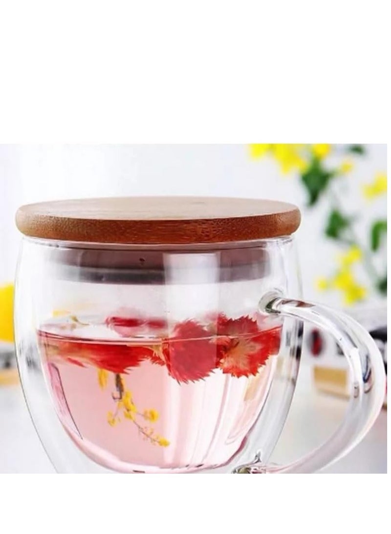 1Chase Double Walled Glass Coffee Cups with Handle and with Bamboo Lid, Insulated Coffee Mugs Perfect for Cappuccino, Macchiato, Latte, Tea, Juice, Iced & Hot Pack Of 2 (250Ml)  - Image 3
