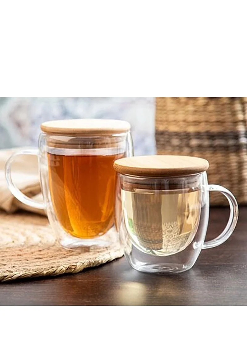 1Chase Double Walled Glass Coffee Cups with Handle and with Bamboo Lid, Insulated Coffee Mugs Perfect for Cappuccino, Macchiato, Latte, Tea, Juice, Iced & Hot Pack Of 2 (250Ml)