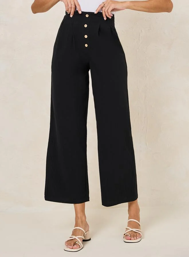 Styli Solid Wide Leg Pants with Box Pleats & Front Button