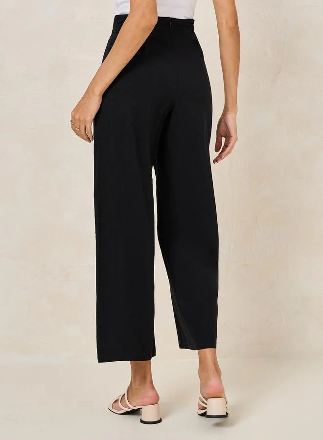 Styli Solid Wide Leg Pants with Box Pleats & Front Button