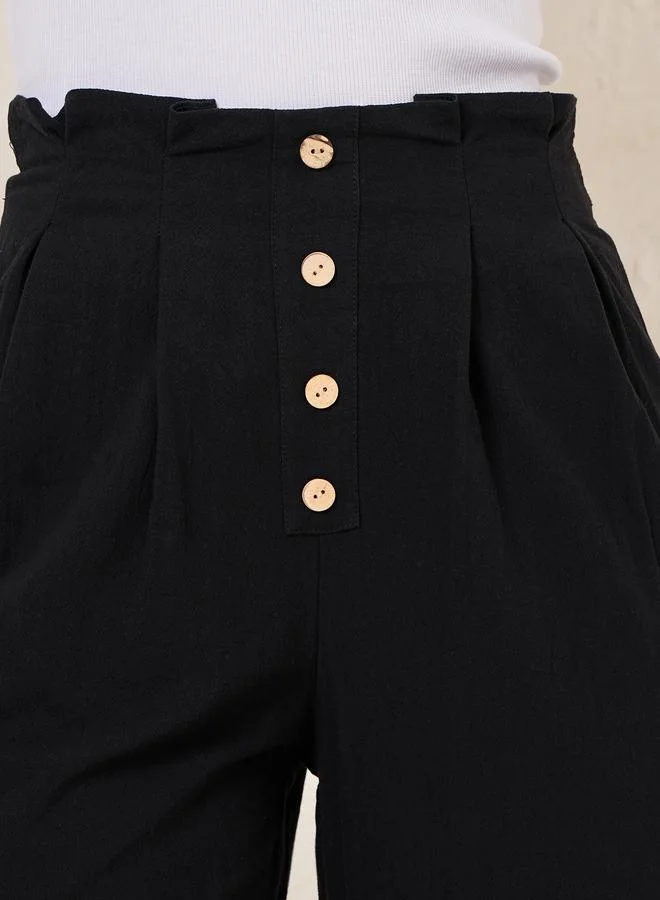 Styli Solid Wide Leg Pants with Box Pleats & Front Button