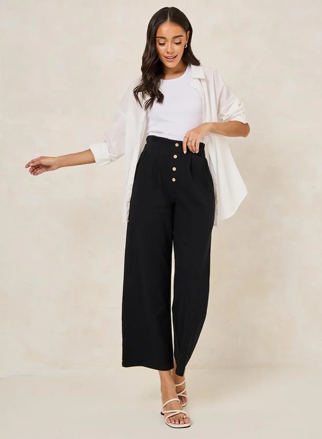 Styli Solid Wide Leg Pants with Box Pleats & Front Button