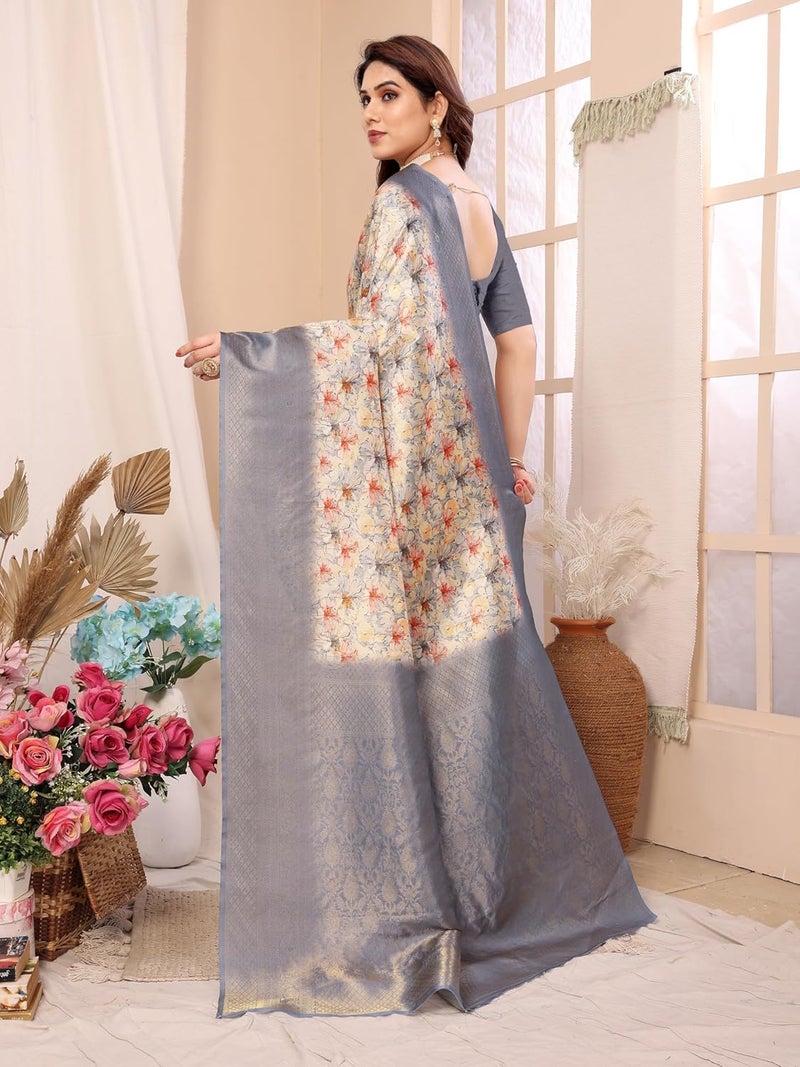 Sidhidata ساري سيدي داتا النسائي من حرير كانجي فارام بناراسي الناعم مع قطعة بلوزة غير مخيطة - تصميم زهور متعدد الألوان - Image 2