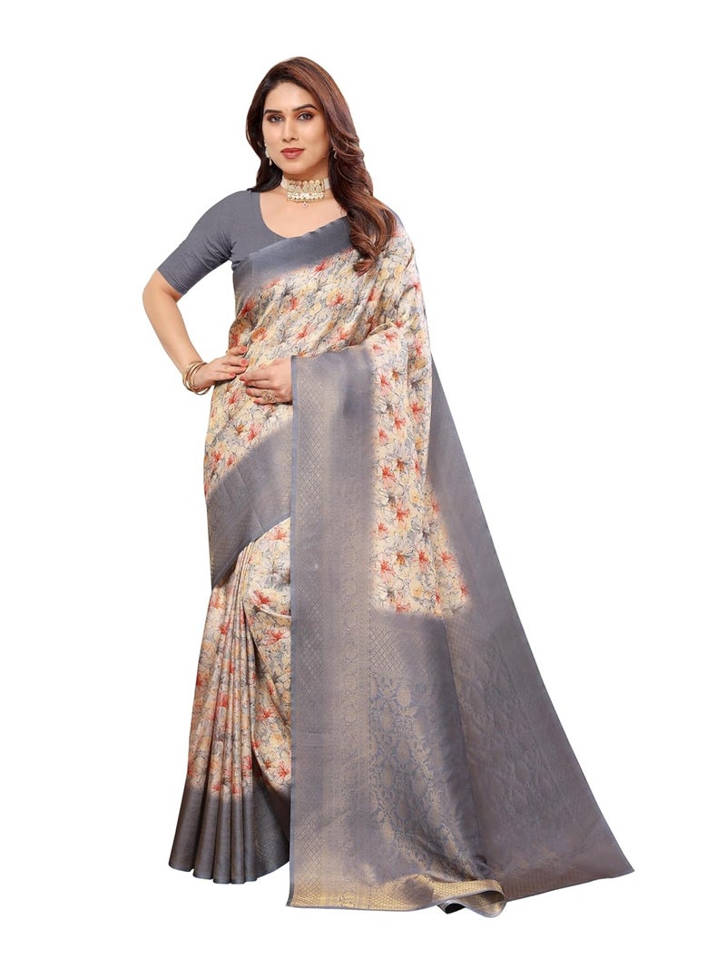 Sidhidata ساري سيدي داتا النسائي من حرير كانجي فارام بناراسي الناعم مع قطعة بلوزة غير مخيطة - تصميم زهور متعدد الألوان - Image 1