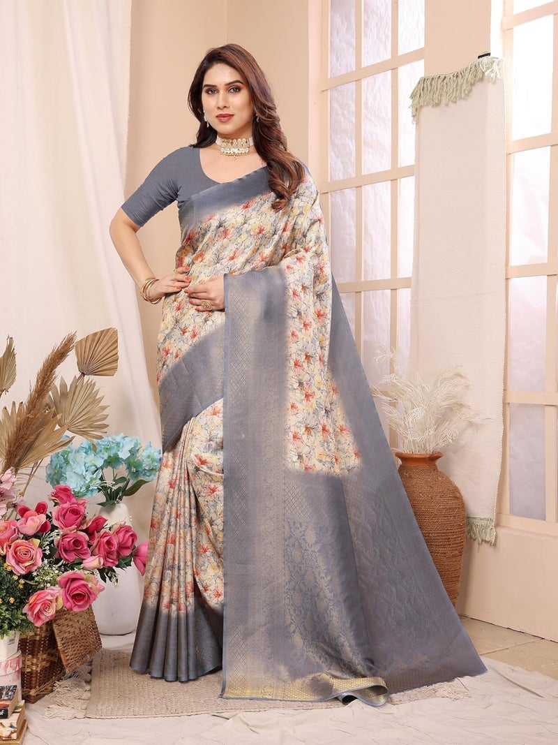 Sidhidata ساري سيدي داتا النسائي من حرير كانجي فارام بناراسي الناعم مع قطعة بلوزة غير مخيطة - تصميم زهور متعدد الألوان - Image 3