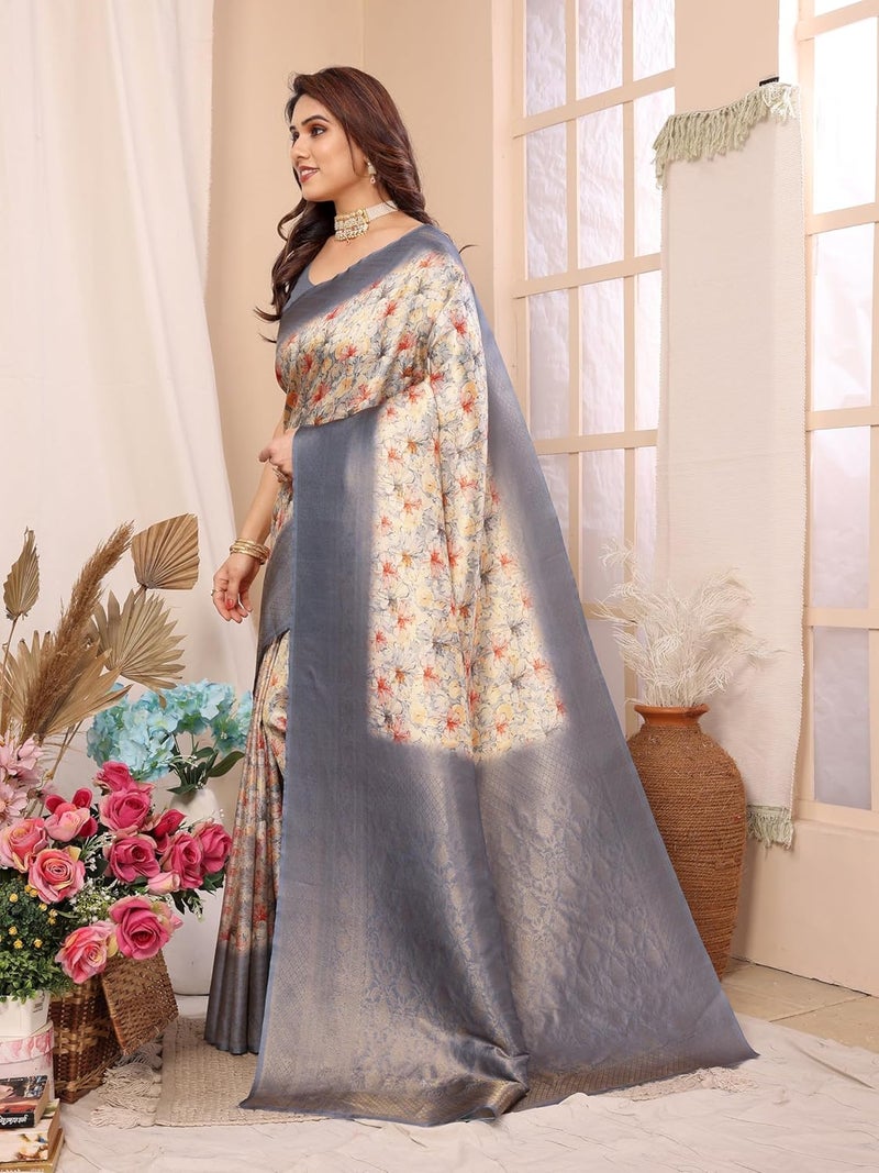 Sidhidata ساري سيدي داتا النسائي من حرير كانجي فارام بناراسي الناعم مع قطعة بلوزة غير مخيطة - تصميم زهور متعدد الألوان - Image 4