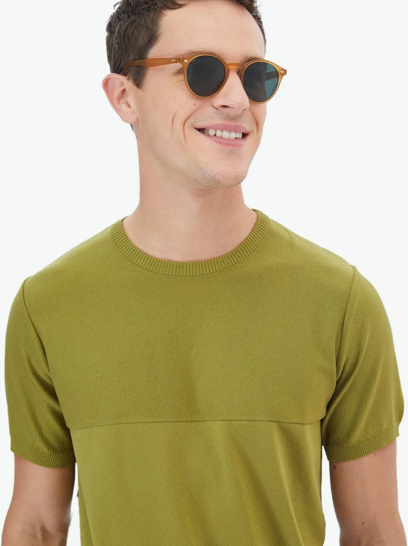 Kip Oil Green Crew Neck Reverse Knit Sweater