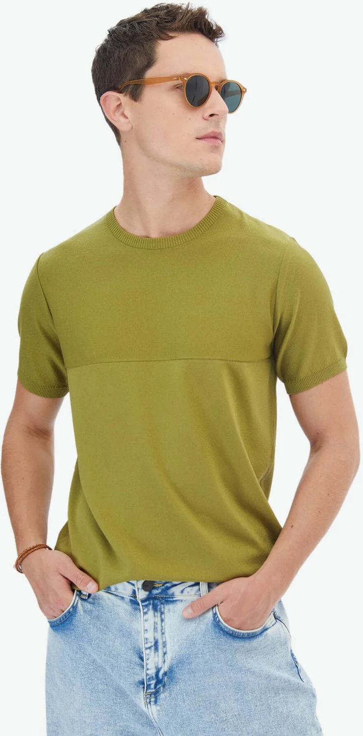 Kip Oil Green Crew Neck Reverse Knit Sweater