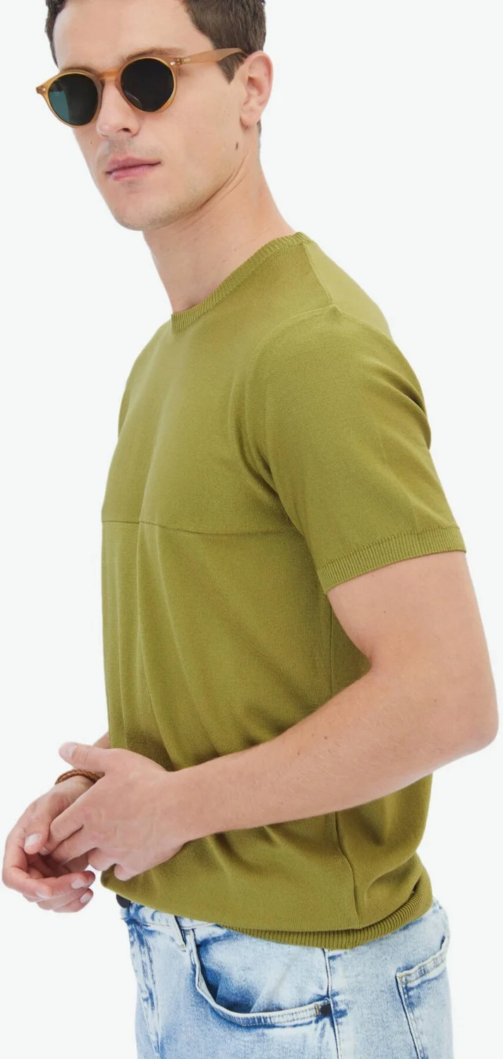 Kip Oil Green Crew Neck Reverse Knit Sweater
