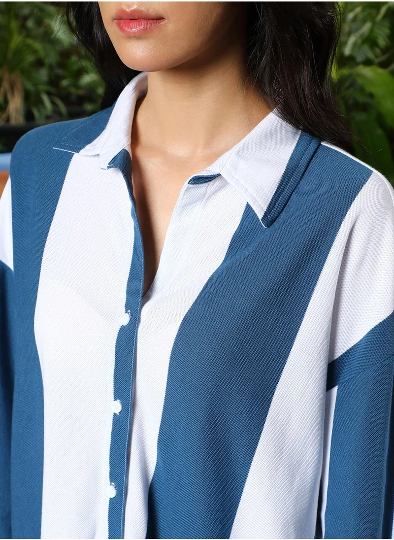 PINACOLADA Women's Prussian Blue & Chalk White Striped Boxy Shirt