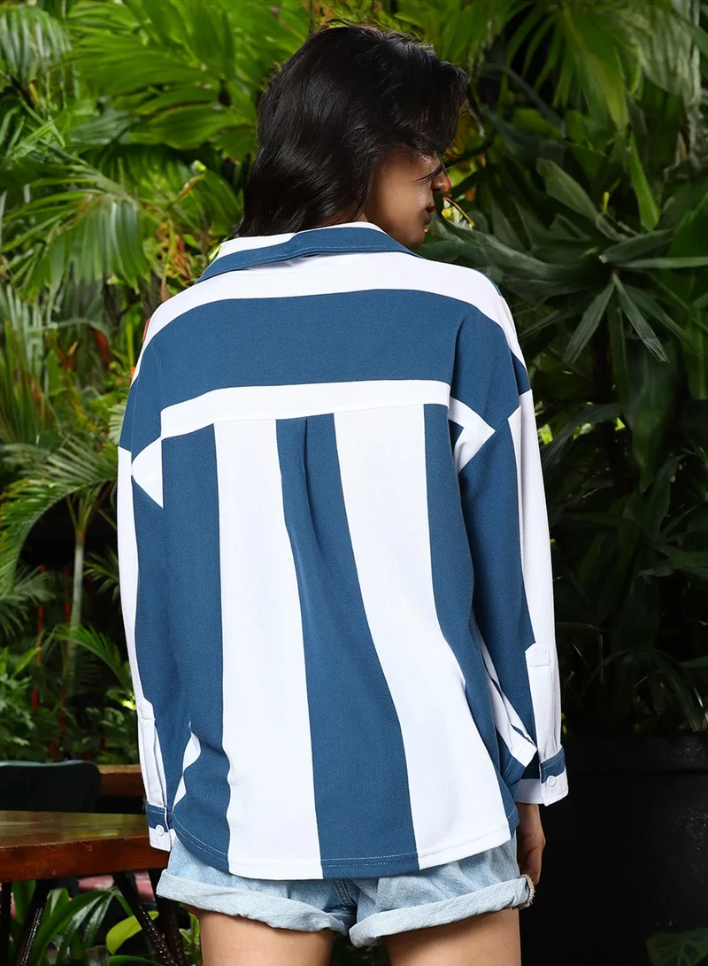 PINACOLADA Women's Prussian Blue & Chalk White Striped Boxy Shirt