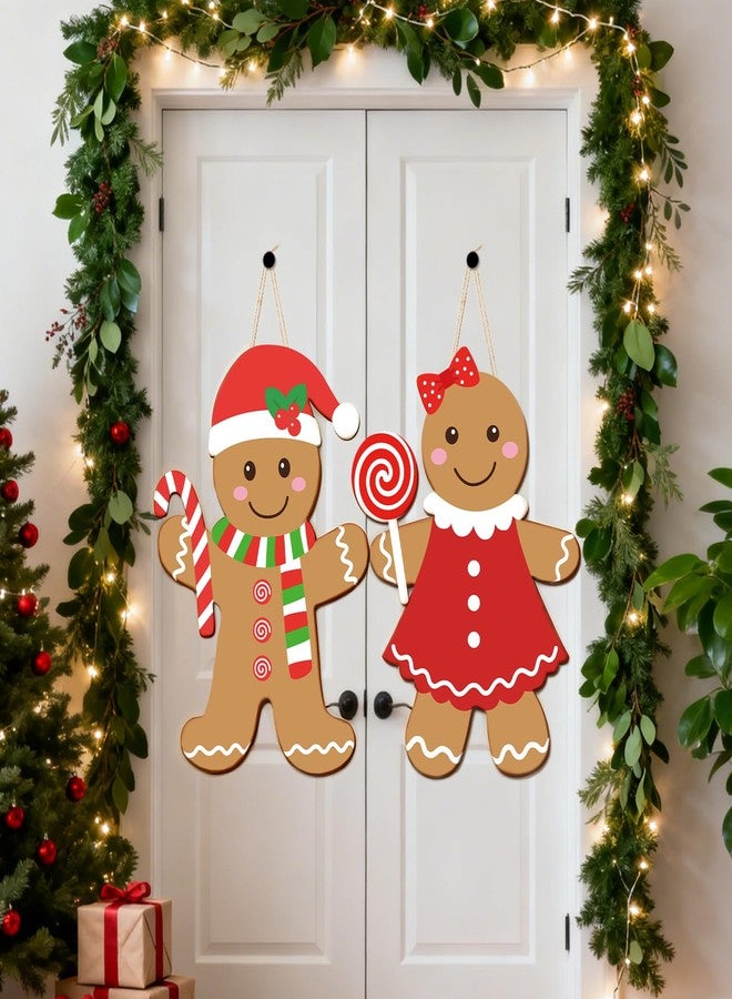 kockuu Christmas Door Hanging Sign, 2 Pcs Christmas Gingerbread Man Front Door Wreath Signs Wood Doors Hanger Outside Porch Decoration for Home Xmas Party Outdoor Indoor Wall Hanging Decor - Image 1