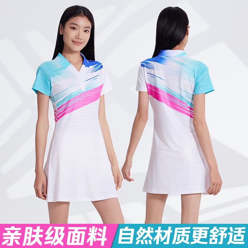 Generic Womens Tennis Suit dress suit Short-sleeved Training Suit Printed Sportswear Competition Suit Badminton Suit Quick-drying 8821 white dress [comes with lining]