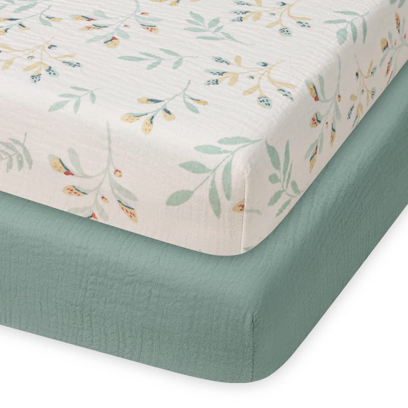 Blissful Diary Muslin Mini Crib Sheets Pack and Play Mattress Sheets Fitted for Pack N Play Soft Cotton for Boys Girls 2 PackRoman GreenLeaf