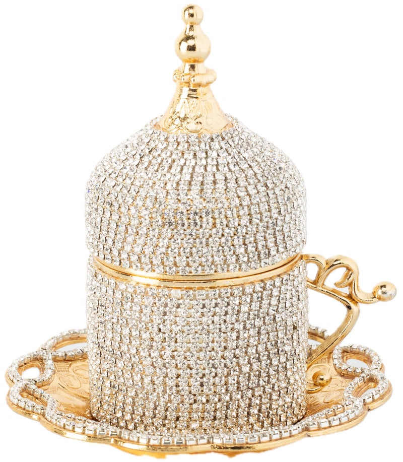 DEMMEX Turkish Coffee & Espresso Cup, Fancy Turkish Greek Arabic Coffee Cup with Inner Porcelain, Metal Holder, Saucer and Lid, Handmade with Crystals, 2 Oz - 60ml (Gold with Crystals) - Image 1