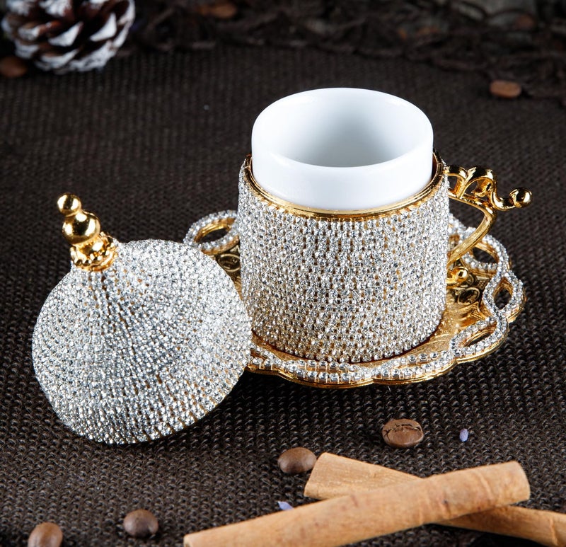 DEMMEX Turkish Coffee & Espresso Cup, Fancy Turkish Greek Arabic Coffee Cup with Inner Porcelain, Metal Holder, Saucer and Lid, Handmade with Crystals, 2 Oz - 60ml (Gold with Crystals) - Image 2