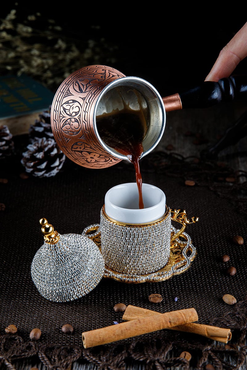 DEMMEX Turkish Coffee & Espresso Cup, Fancy Turkish Greek Arabic Coffee Cup with Inner Porcelain, Metal Holder, Saucer and Lid, Handmade with Crystals, 2 Oz - 60ml (Gold with Crystals) - Image 3