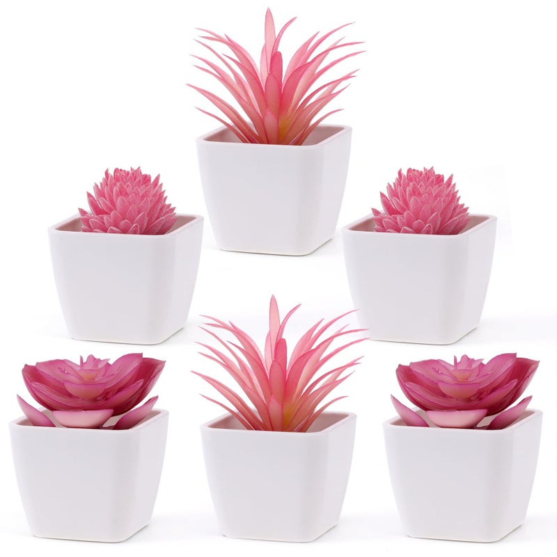 Woration 6Pcs Mini Artificial Succulent Plants Fake Plastic Succulents Potted for Garden Office Home Desk Decorations Floral Arrangement Craft- White Pots - Image 1