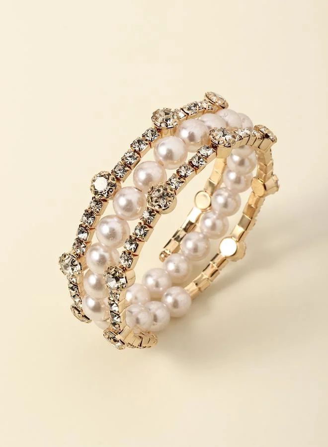 تايك تو Gold Tone Multi-Strand Pearl and Rhinestone Bracelet